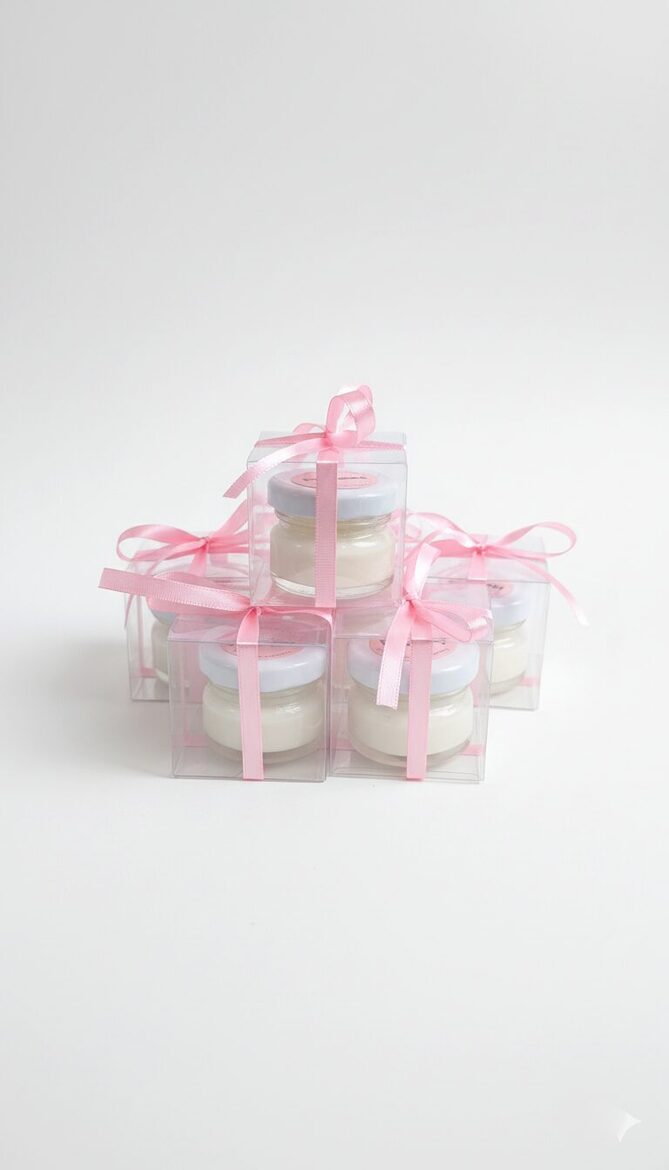 Personalizēta kāzu svece stikla burciņā viesiem ar rozā lentīti